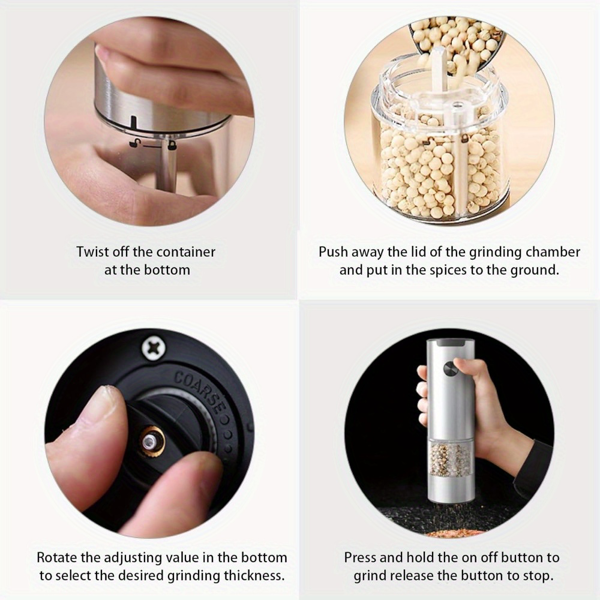 1pc Electric Salt and Pepper Grinder, One-handed Automatic Operation, white LED Light, Dual Charging Base, Adjustable Coarseness, Battery Powered, Generous Capacity